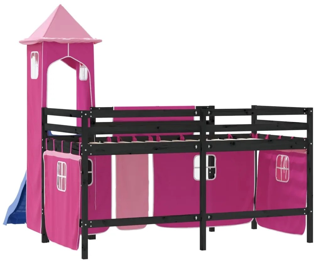 Cama alta para criança com torre 80x200 cm pinho maciço rosa