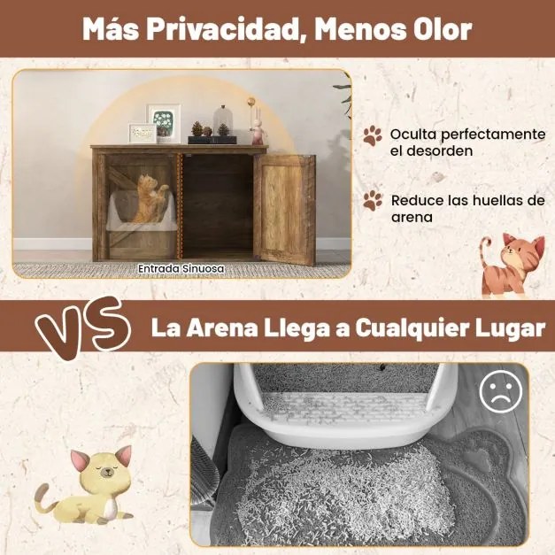 Móvel 51 x 36,5 x 50,5 cm para caixa de areia para gatos (NÃO INCLUIDA) com tampa rebatível e portas tipo celeiro Divisória removível para facilitar a
