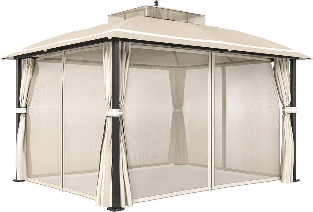 Outsunny Pérgola de Jardim 370x303x290 cm com Telhado Duplo Cortinas Laterais e Mosquiteiras Resistente à Água e Anti-UV Bege | Aosom Portugal
