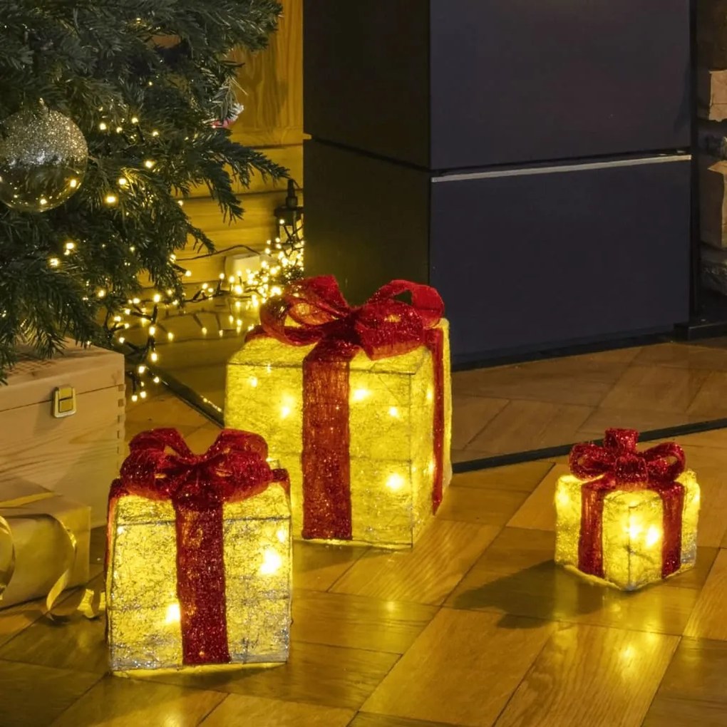 HI Caixa presente de natal com fitas vermelhas e luzes LED 3 pcs