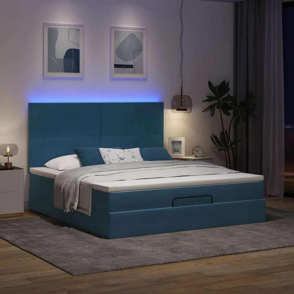 Estrutura de cama otomana com colchão azul escuro veludo