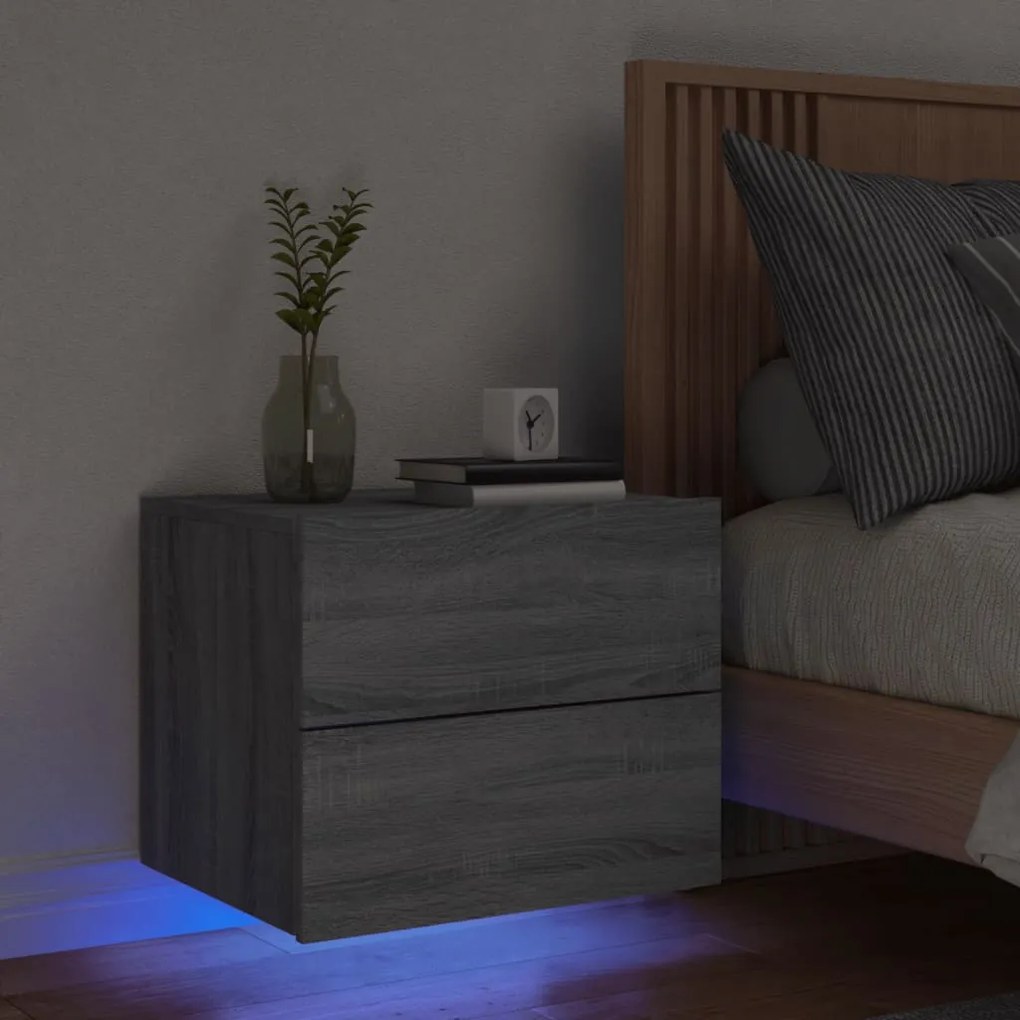 vidaXL Mesa de cabeceira de parede com luzes LED cinzento sonoma