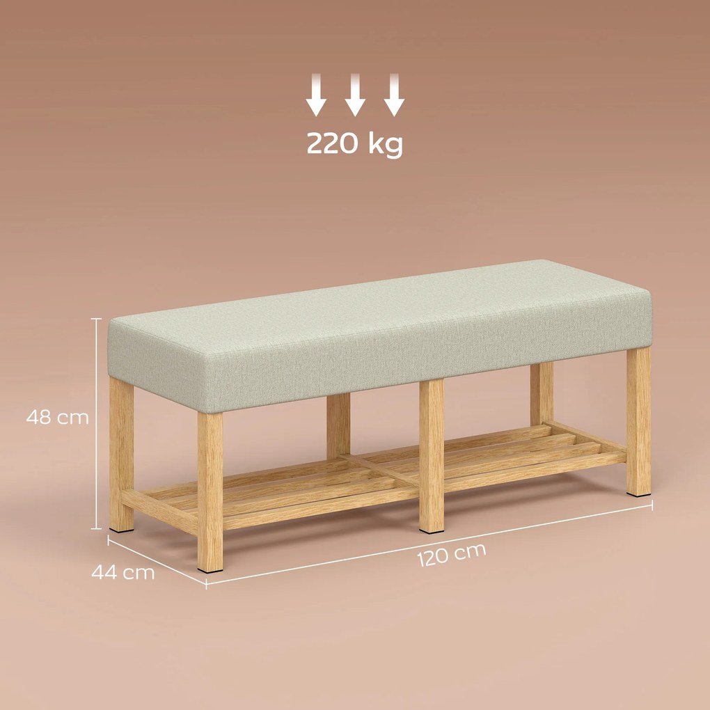 Banco entrada para sapatos 120 x 44 x 48 cm, banco com espaço de arrumação e assento almofadado, prateleira aberta, bege, efeito de madeira natural
