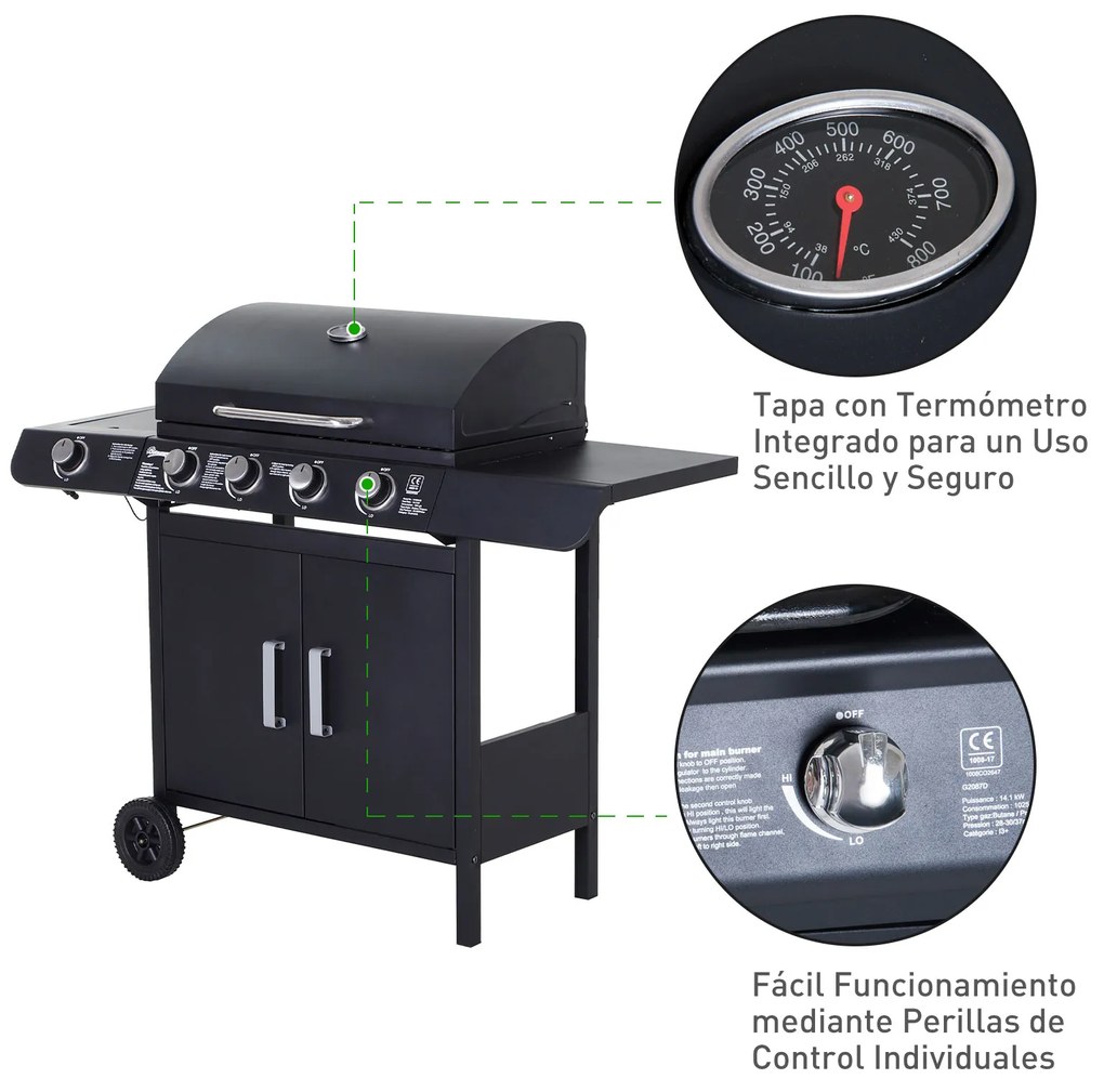 Outsunny Barbecue a Gás com 4+1 Queimadores 14,4KW Mesas Laterais Armário de Armazenamento Termômetro e 2 Rodas Aço Inoxidável 125x51x100cm Preto