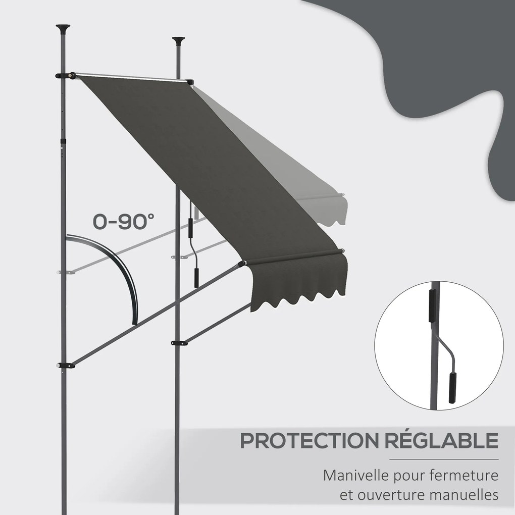 Toldo retrátil manual autoportante, 1,5 m (L) x 1,2 m (P) x 2,1–3 m (A), inclinação ajustável, metal, alumínio e poliéster cinzento escuro