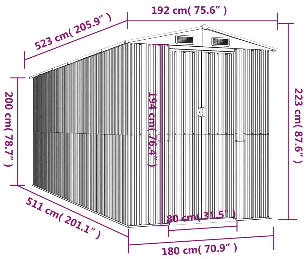 Abrigo de jardim 192x523x223 cm aço galvanizado cinzento-claro