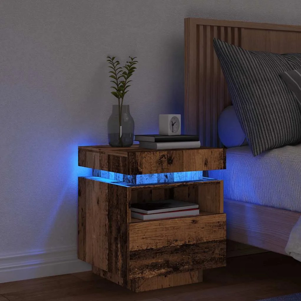 Mesa de cabeceira com luzes LED 40x39x48,5 cm madeira velha