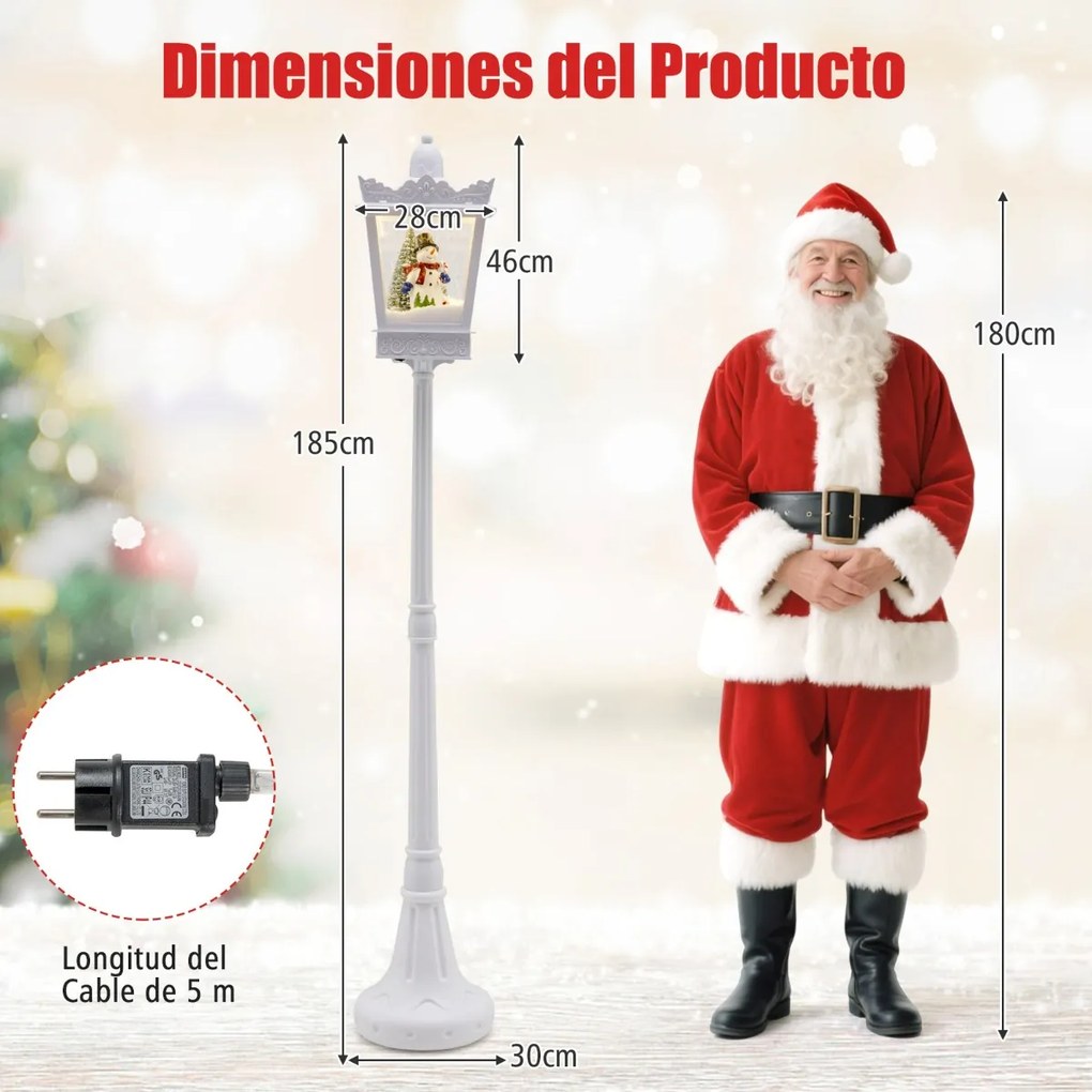 Candeeiro musical natal com 185 cm de altura com luzes LED brancas quentes Efeitos de neve Base recarregável Branco