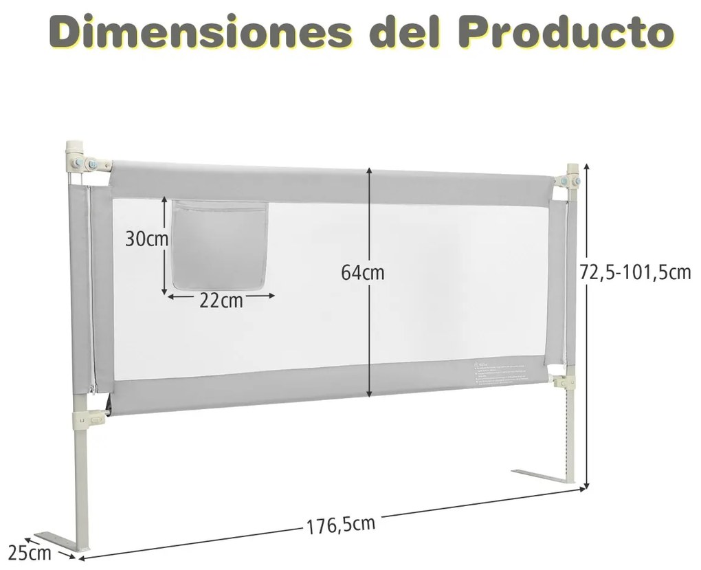 Barra de Segurança de cama para crianças com bolso lateral e altura ajustável 72,5-101,5 cm Cinzento