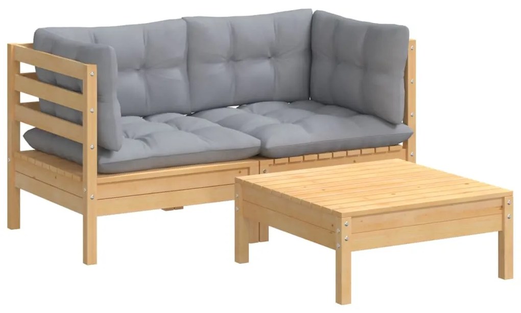 3 pcs conjunto lounge de jardim c/ almofadões cinzentos pinho