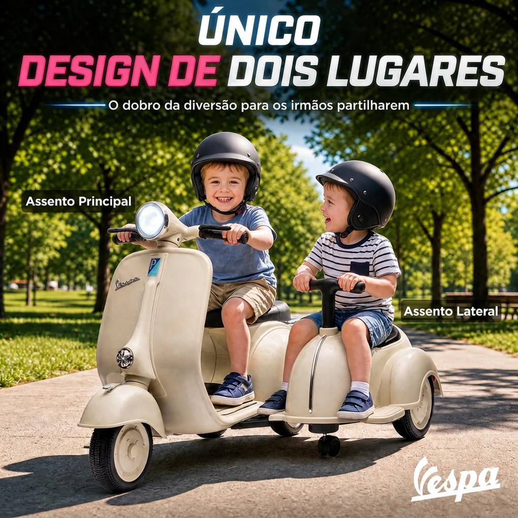 Mota Elétrica Infantil 6V VESPA com 2 Assentos Arranque Suave Luz Música USB e Arrumação Creme