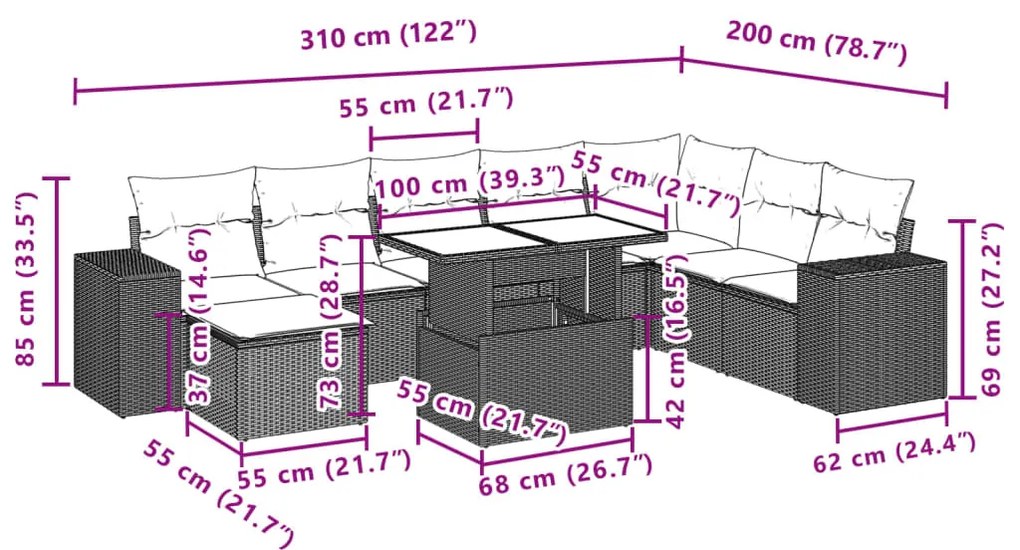 9 pcs conjunto sofás p/ jardim c/ almofadões vime PE castanho