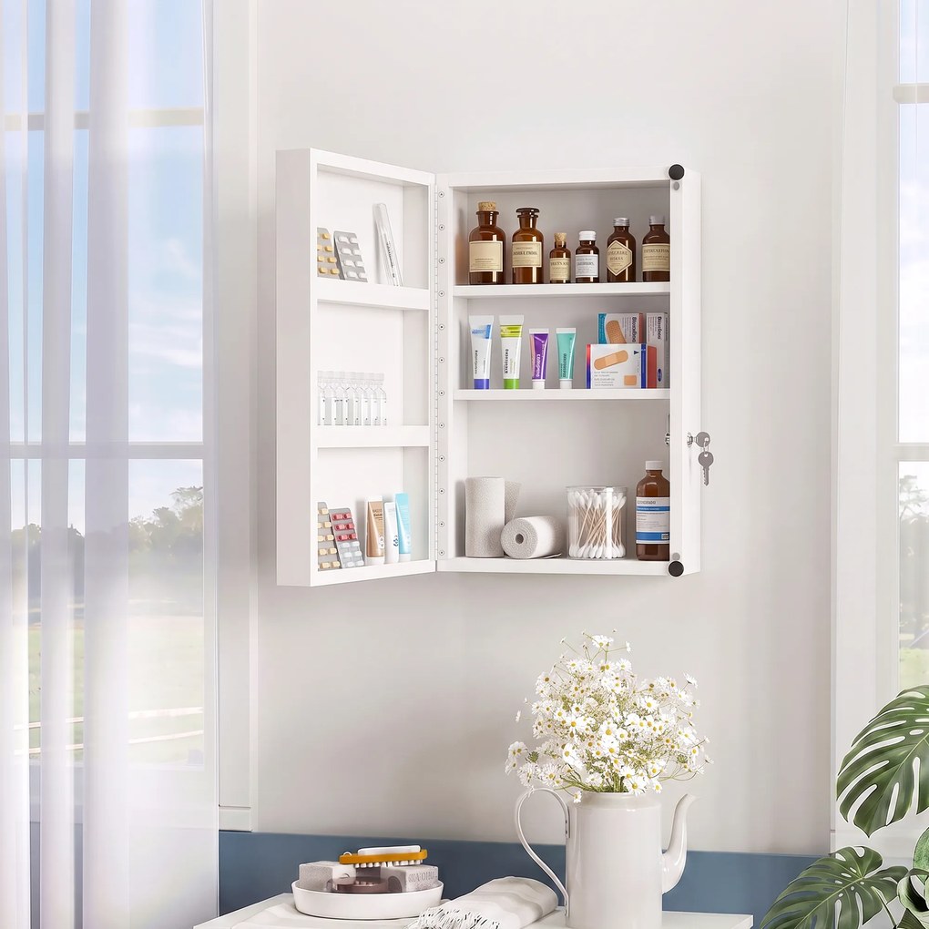 Armário de Medicamentos de Parede com 6 Compartimentos Fechadura e 2 Chaves para Casa de Banho e Cozinha 40x18x60 cm Branco