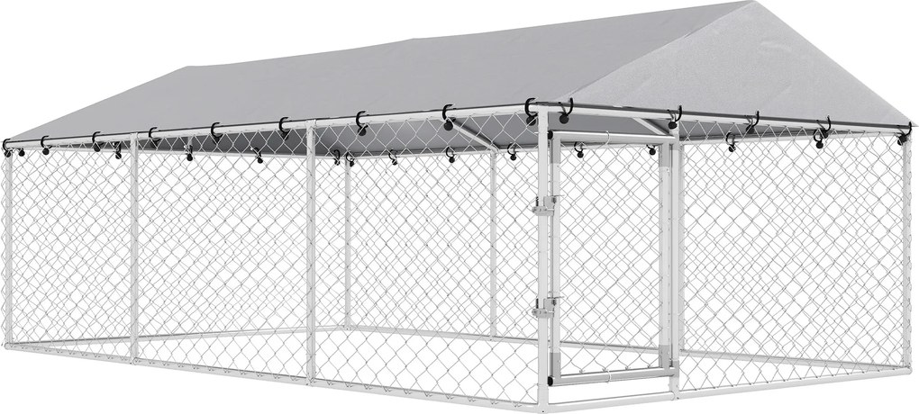 PawHut Recinto para Cães de Exterior com Rede Galvanizada e Fechadura, em Aço e Tecido Oxford, 4x2.3x1.5 m, Prateado | Aosom Portugal