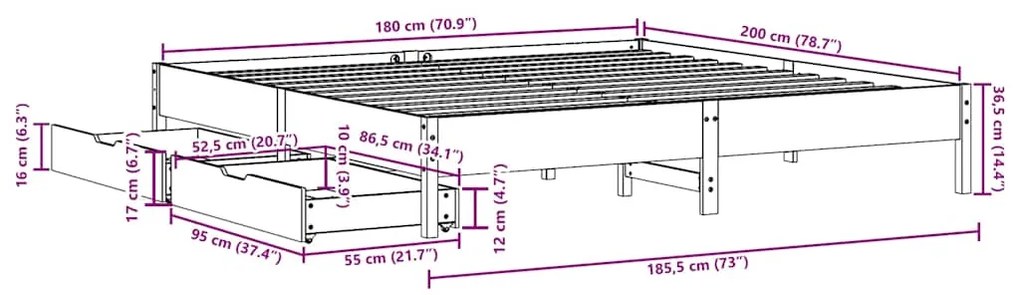 Cama sem colchão 180x200 cm pinho maciço castanho-mel