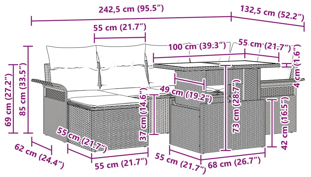 Conjunto de Sofá de Jardim com 7 Peças e Almofadas de Rattan Bege