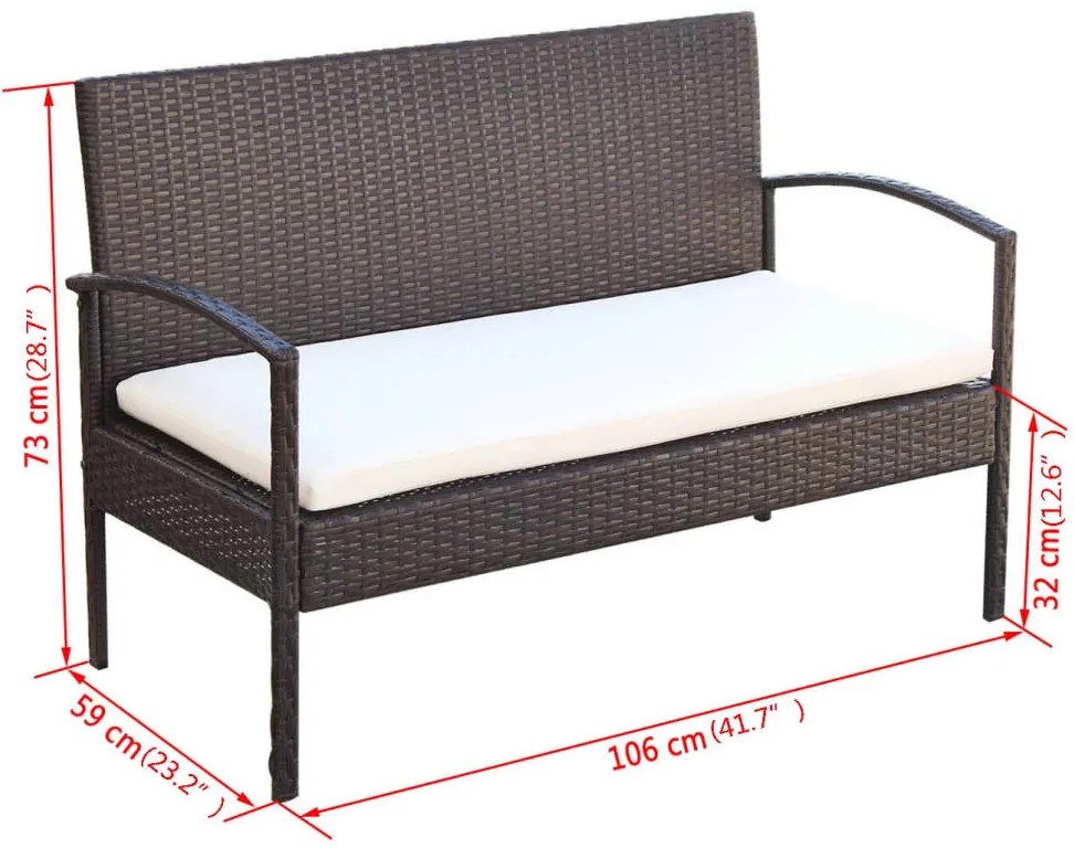 4 pcs conjunto lounge jardim c/ almofadões vime PE castanho