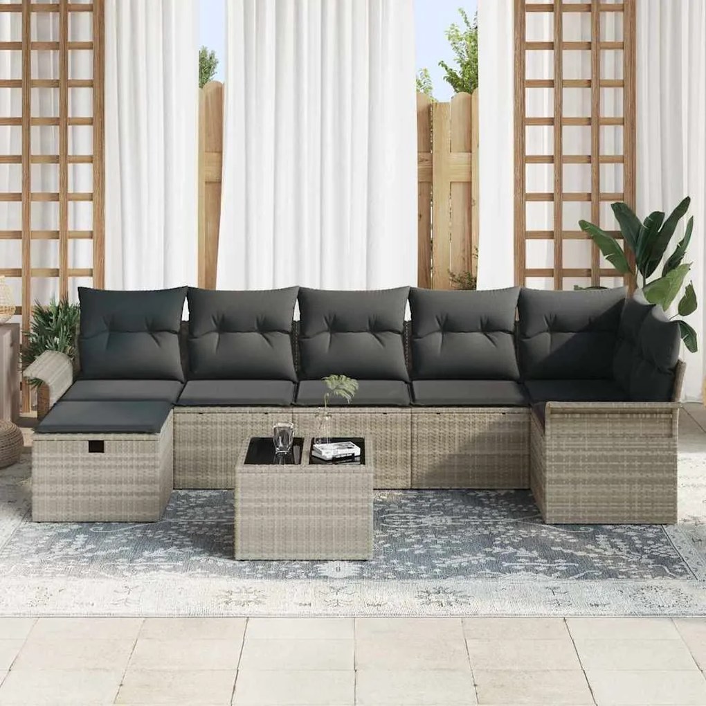 Conjunto de sofá para jardim com 8 peças e almofadas cinzas claras em