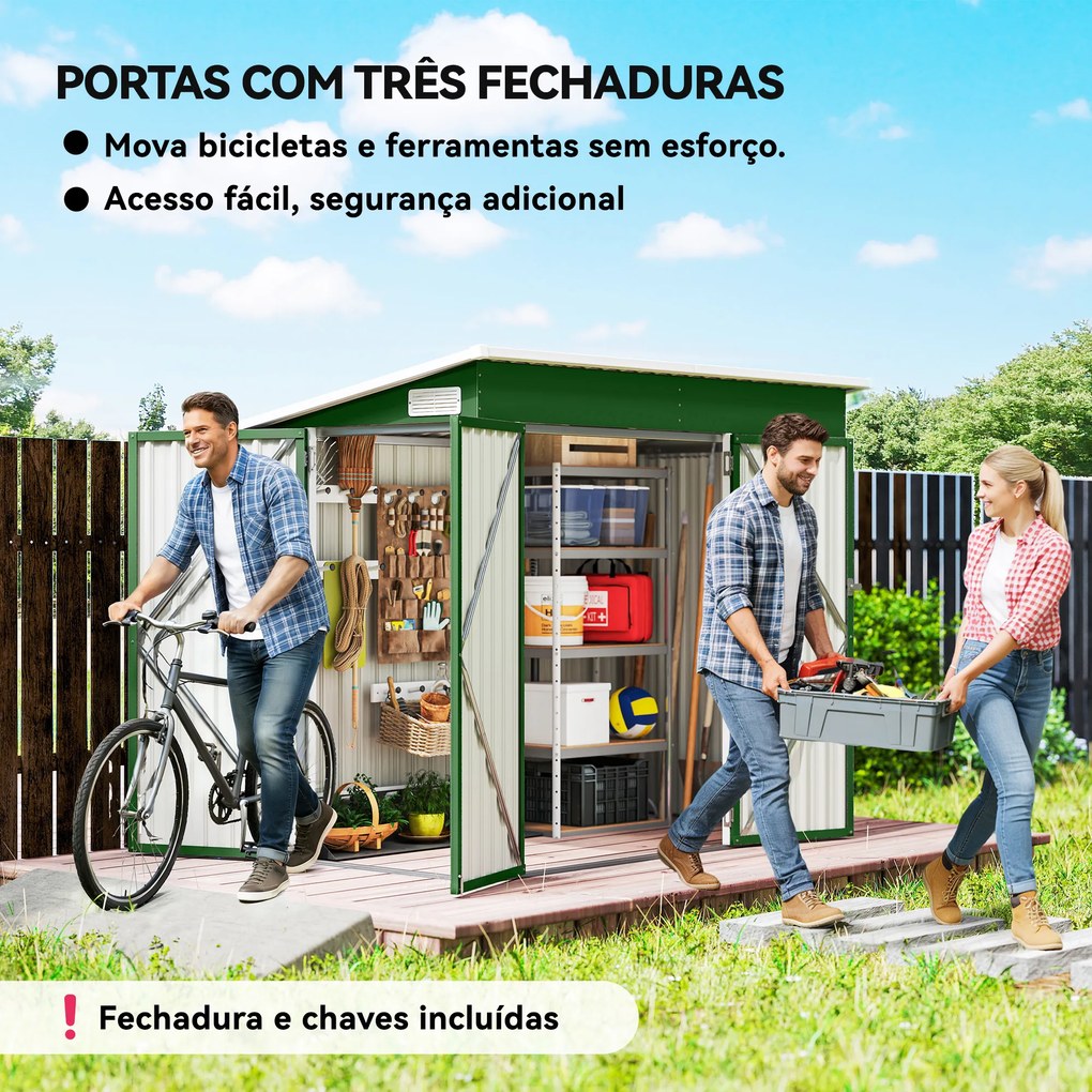Abrigo de Jardim Exterior 2,7 m² 234x132x185 cm com Três Portas Fechadura e Grelhas de Ventilação Verde