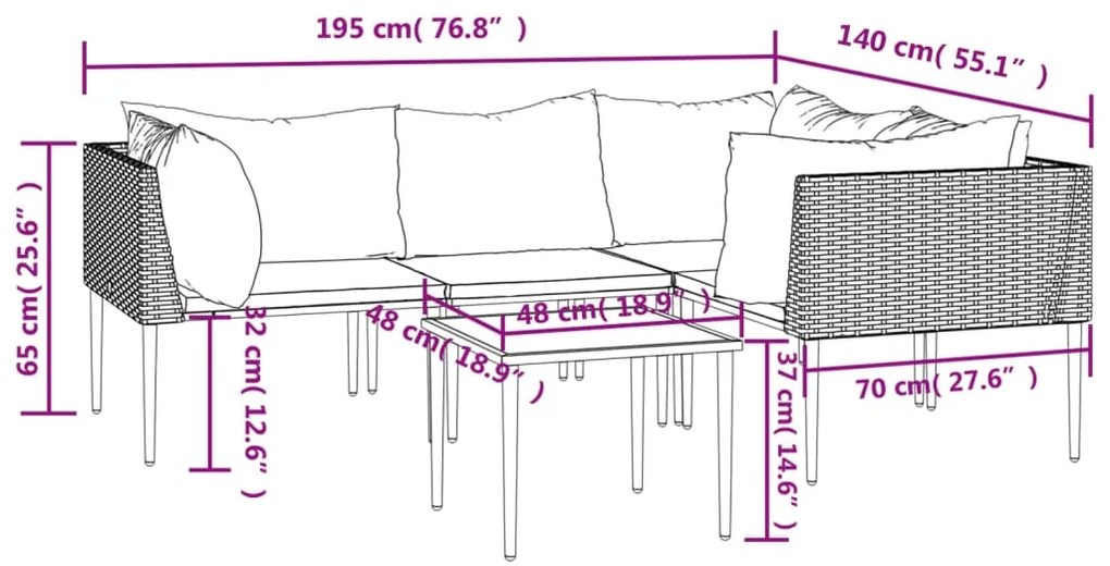 5 pcs conjunto lounge de jardim c/ almofadões vime PE cinzento