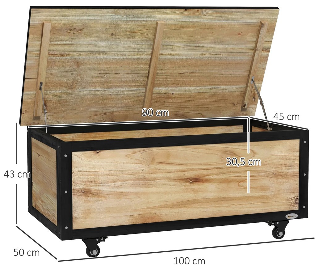 Baú de Exterior 121 L Baú de Armazenamento em Madeira com 4 Rodas para Jardim Pátio Varanda 100x50x43 cm Natural e Preto