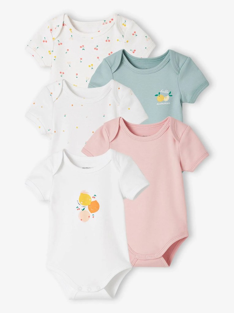 Lote de 5 bodies "frutas" de mangas curtas, para bebé branco claro bicolor/multicolo