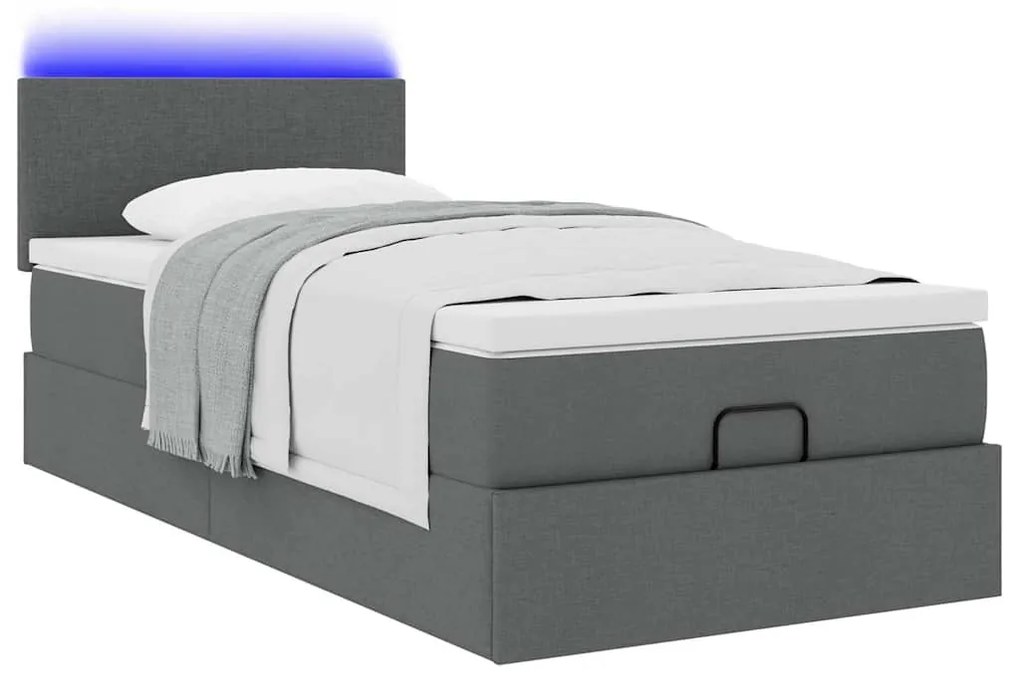 Cama otomana com colchão & LEDs 90x200cm tecido cinzento escuro