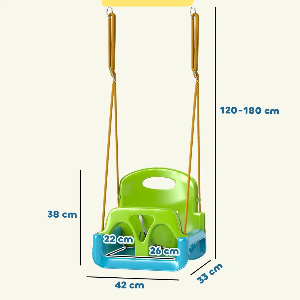 Baloiço Infantil 3 em 1 com Cordas Ajustáveis Encosto Rem ovível Barra em T e Cinto de Segurança Verde Escuro