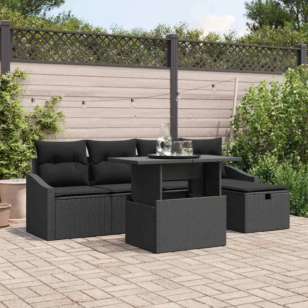 vidaXL Conjunto de Sofá para Jardim com 6 Peças e Almofadas - Rattan Poliéster Preto