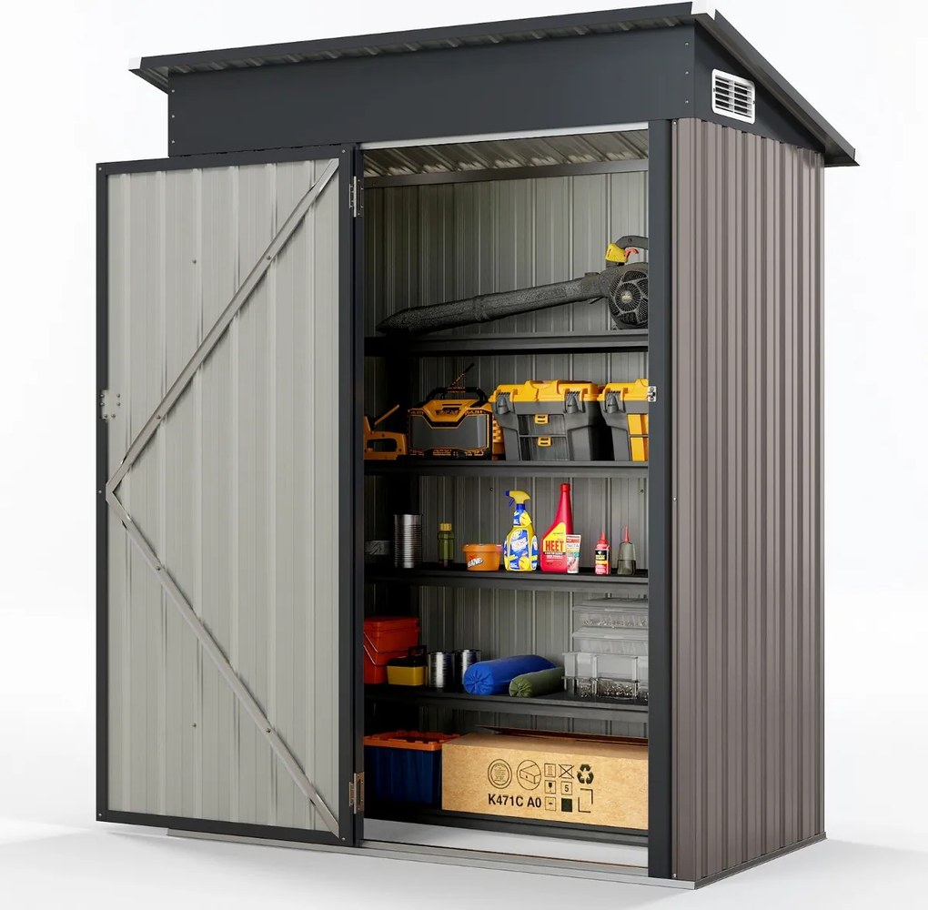 Abrigo para jardim 150 x 88 x 185 cm com telhado inclinado, portas com fechadura, ventilação, cinzento escuro