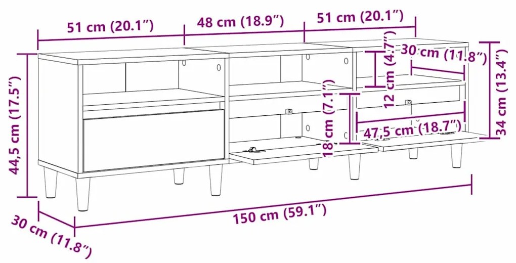 Gabinete para TV com gaveta com prateleira Carvalho preto 150 x 30 x 4
