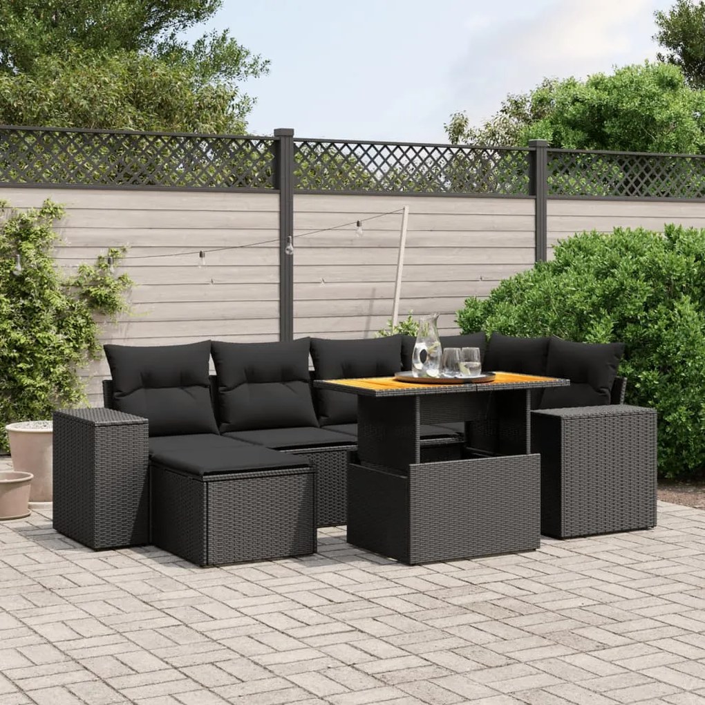 7 pcs conjunto de sofás p/ jardim c/ almofadões vime PE preto