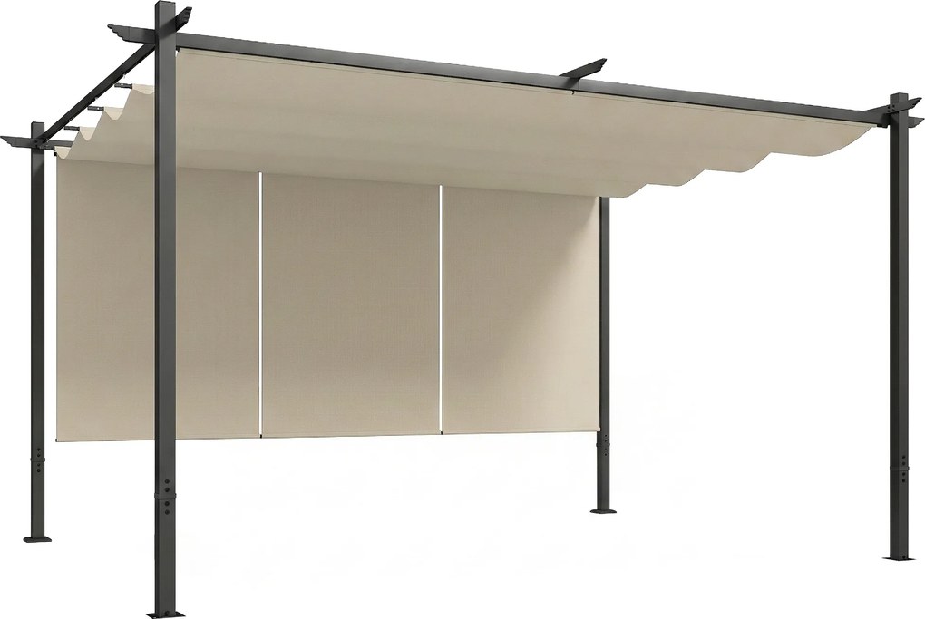 Pérgola com Teto Retrátil de 390x293x220 cm Pérgola de Parede ou Independente com Lados Enroláveis Proteção UV30+ Bege