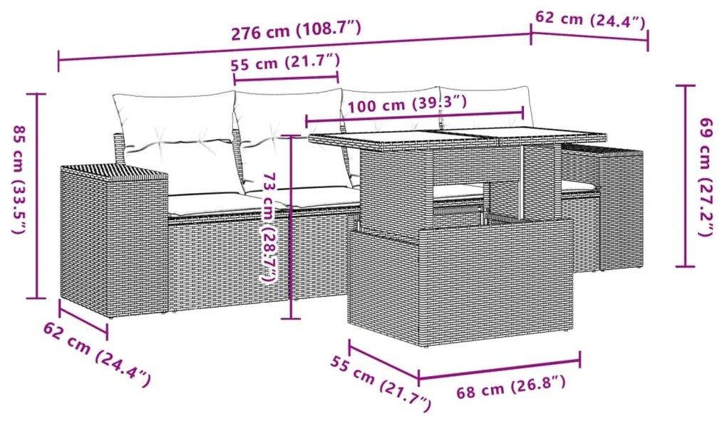 5 pcs conjunto sofás de jardim c/ almofadões vime PE cinzento