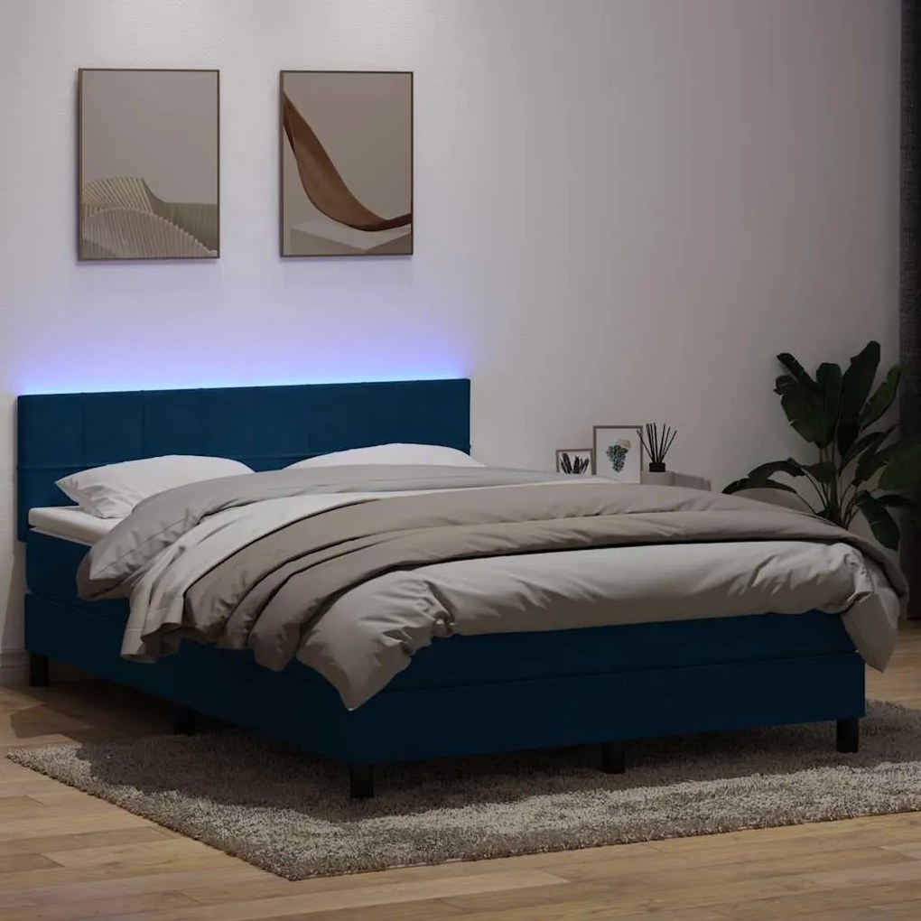 vidaXL Cama box spring c/ colchão e LED 160x220 cm veludo azul-escuro