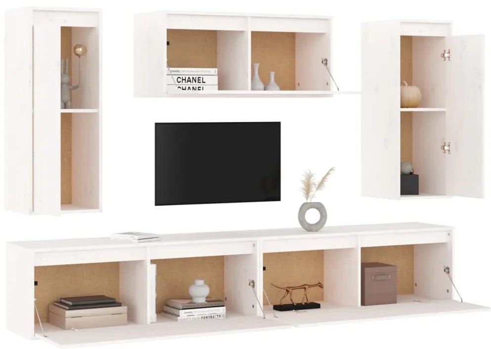 Móveis de TV 5 pcs madeira de pinho maciça branco