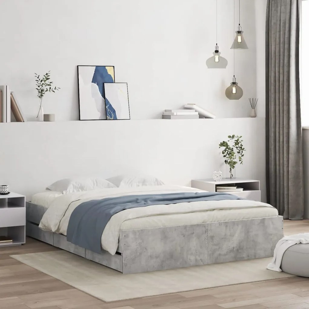 vidaXL Estrutura de cama c/ gavetas derivados de madeira cinza-cimento