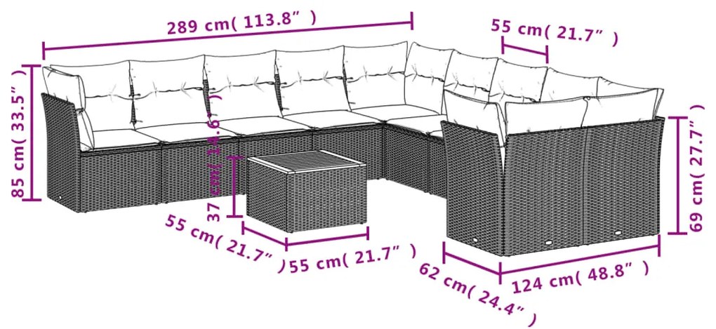 11 pcs conjunto sofás de jardim c/ almofadões vime PE cinzento