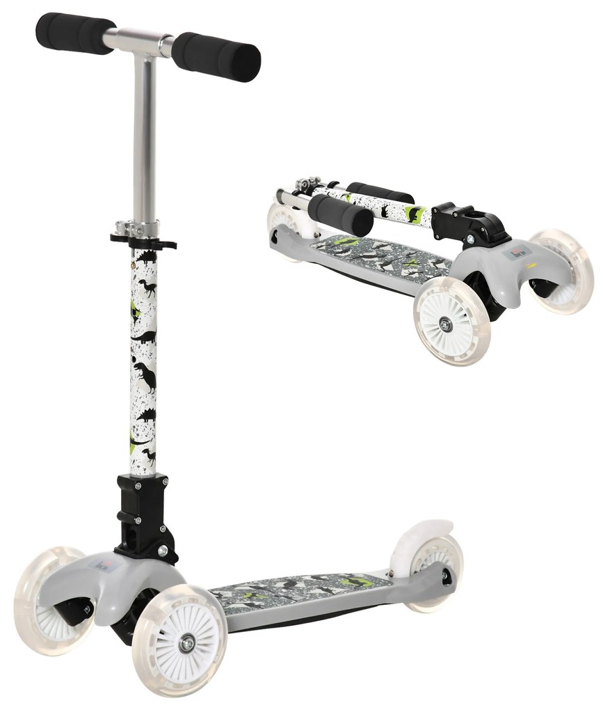 HOMCOM Trotinete para Crianças acima de 3 Anos Dobrável Trotinete com 3 Rodas com Luzes LED Guiador com Altura Ajustável e Freio Posterior Carga Máxima 50kg 54,7x32,5x59-69cm Cinza