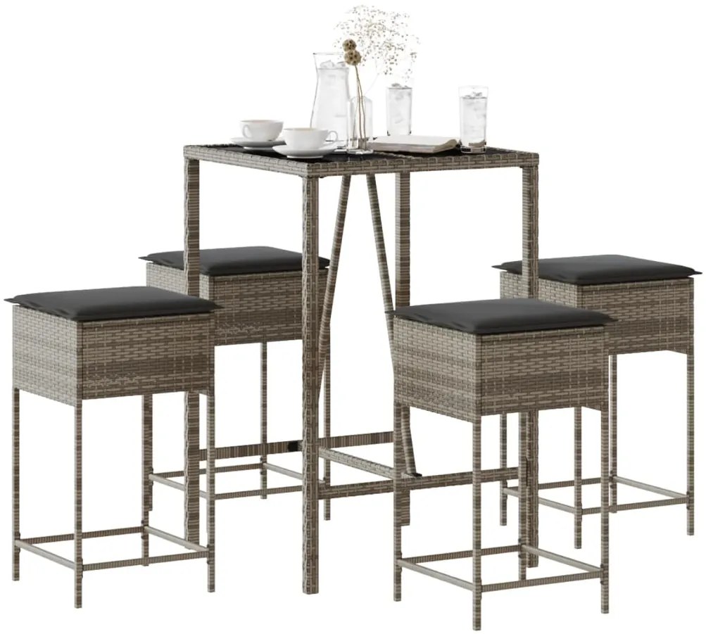 vidaXL 5 pcs conjunto de bar p/ jardim c/ almofadões vime PE cinzento