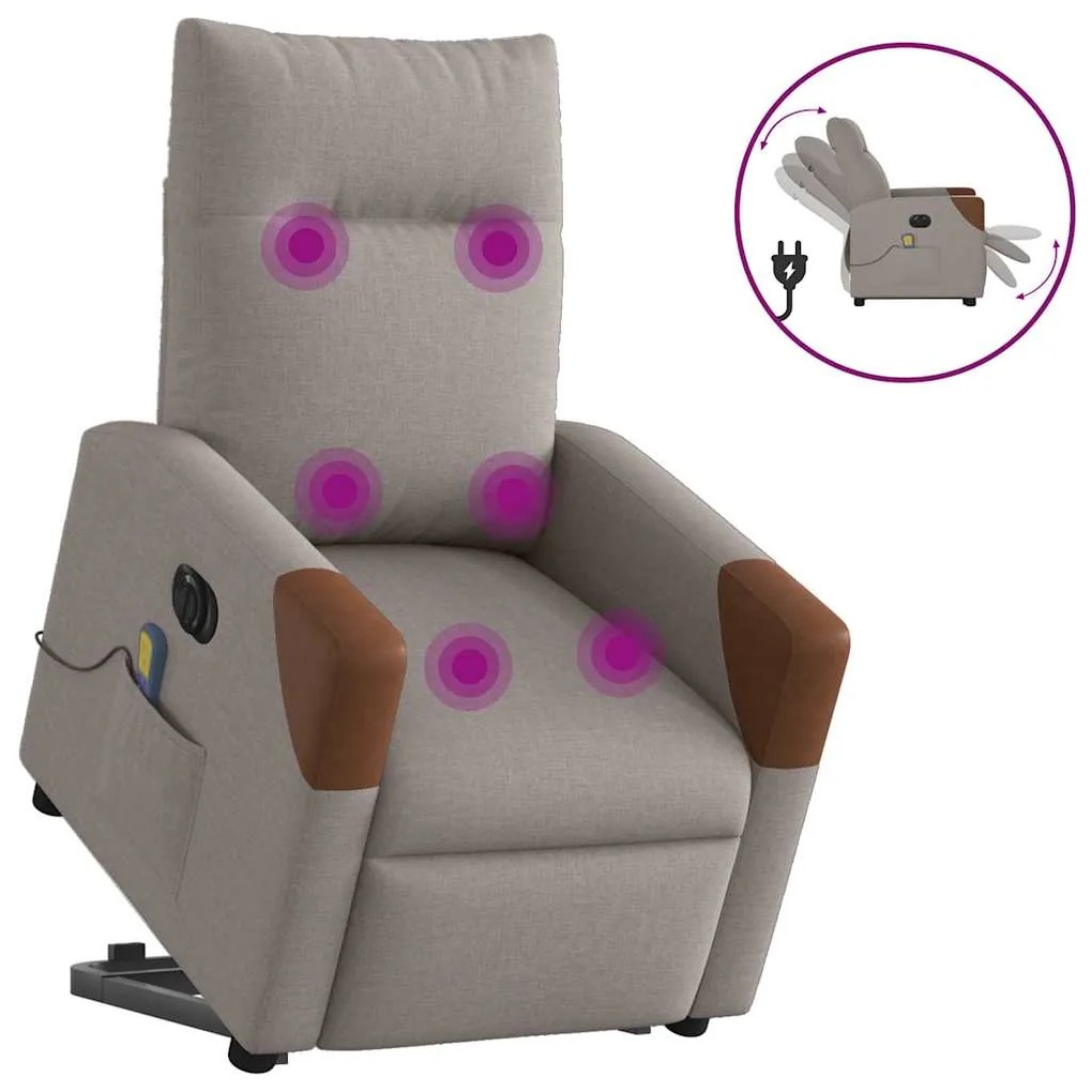 vidaXL Poltrona elétrica elevatória massagens tecido cinza-acastanhado