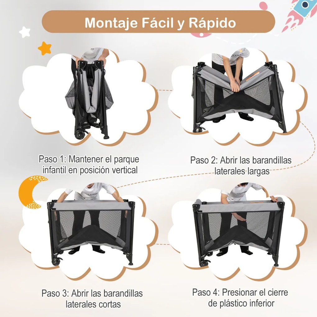 Berço bebés Centro de atividades infantil portátil 5 em 1 com protetor de cama trocador de saia colchão removível brinquedos 2 rodas 110 x 78 x 78 cm preto