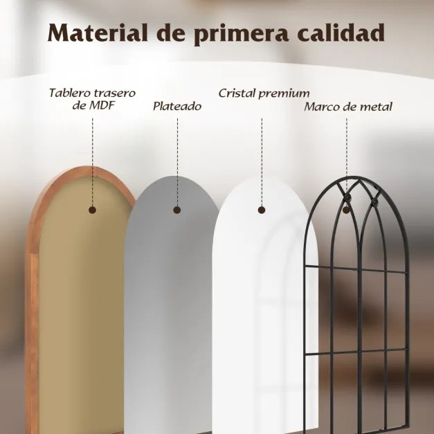 Espelho com Acabamento de Janela em Arco Espelho Decorativo de Parede com Placa Traseira 60 x 90cm Natural
