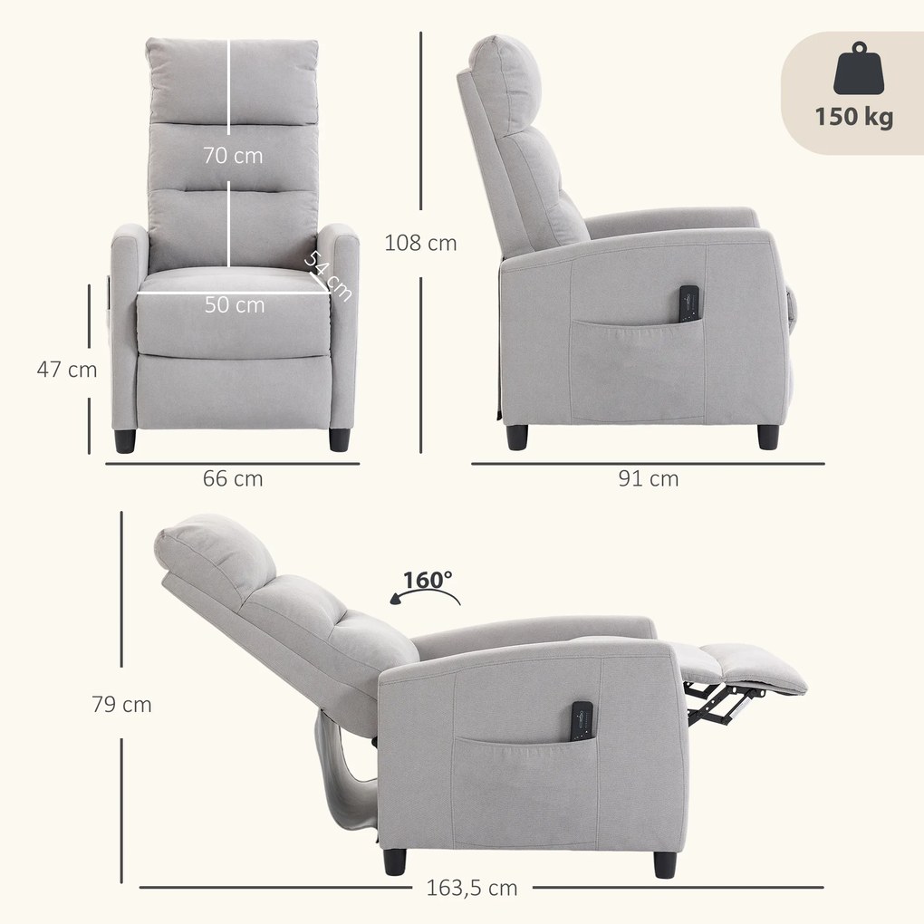 Poltrona de Massagem Reclinável com Apoio de Pés 2 Zonas de Massagem Encosto Alto Bolsos Estofada em Chenille Cinzento