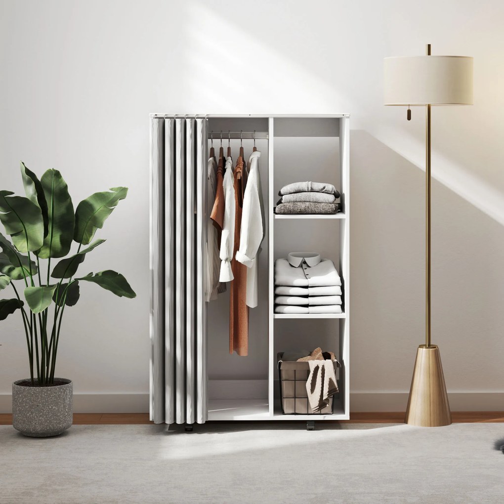 Guarda roupa aberto móvel com 4 Rodas 80 (L) x 40 (P) x 128 (A) cm, com varão para pendurar roupa e prateleiras abertas, branco