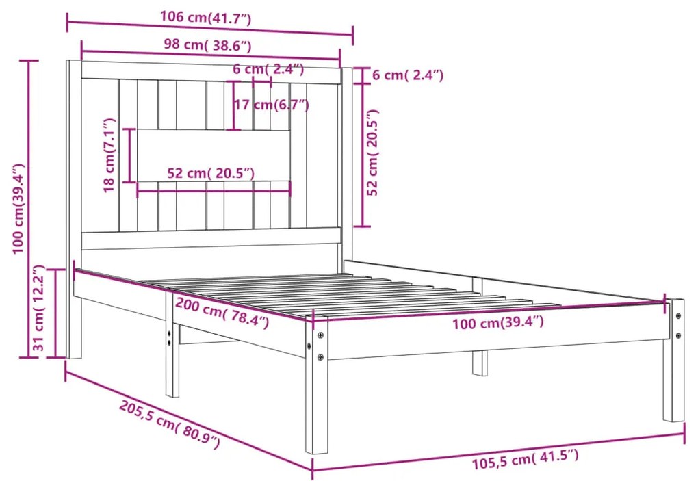 Estrutura de cama 100x200 cm pinho maciço