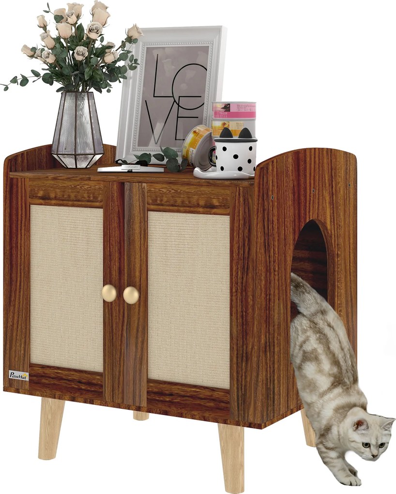 Móvel para Caixa de Areia para Gatos (NÃO INCLUÍDA) com Tapetes de Sisal Pés de Madeira 55x43x59,6 cm Castanho Rústico