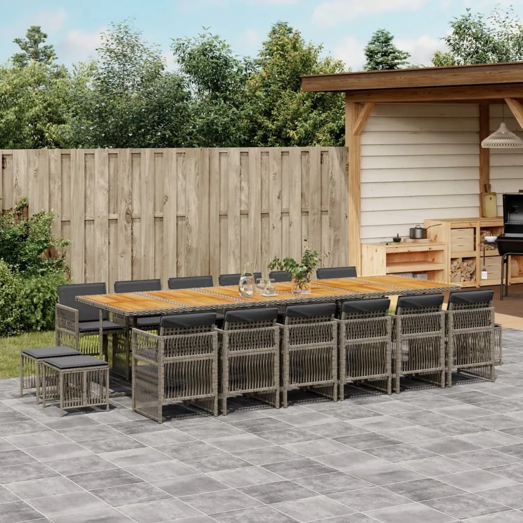 vidaXL 17 pcs conj. de jantar p/ jardim c/ almofadões vime PE cinzento