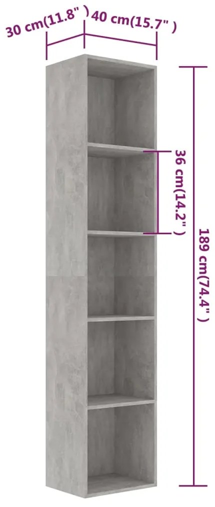 Estante 40x30x189 cm derivados de madeira cinzento cimento