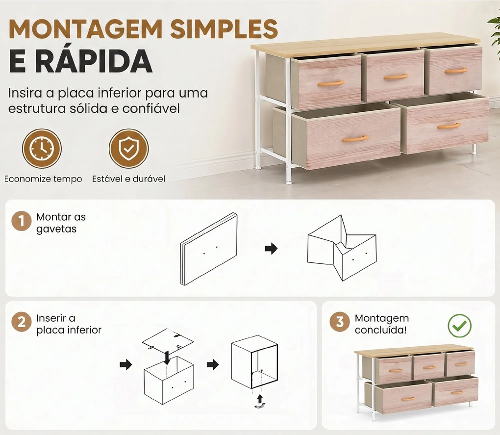 Cómoda com 5 Gavetas de Tecido Cómoda para Quarto Estrutura Metálica 100x30x51.5 cm Madeira e Branco